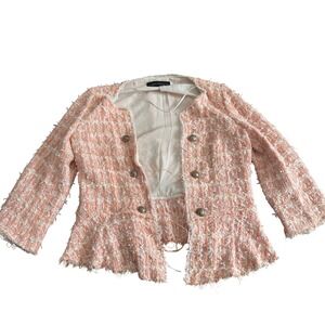 Zara Woman Peach Tweed Peplum Blazer Jacket Frayed Trim Silver Crest Buttons L